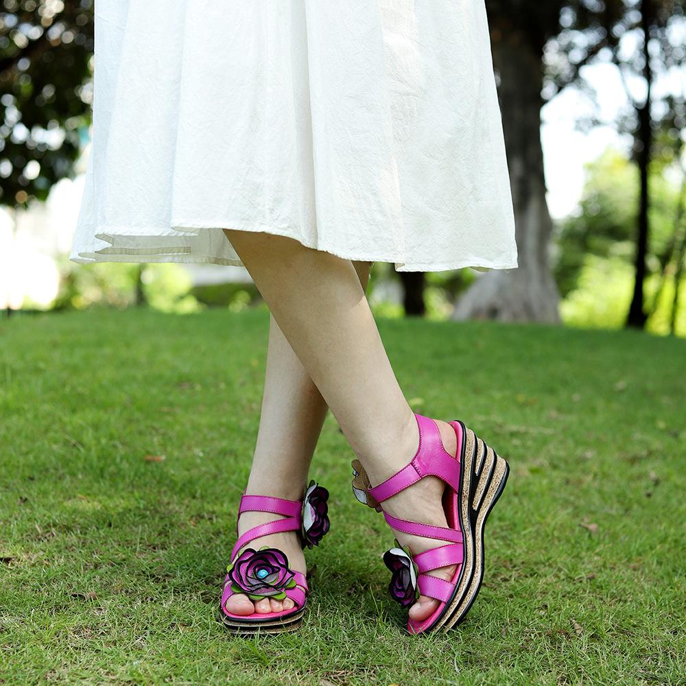 Johnature Vintage-Blumen-bequeme Sommer-Wedges-Sandalen aus echtem Leder, handgefertigt, ethnischer Stil, Damenschuhe