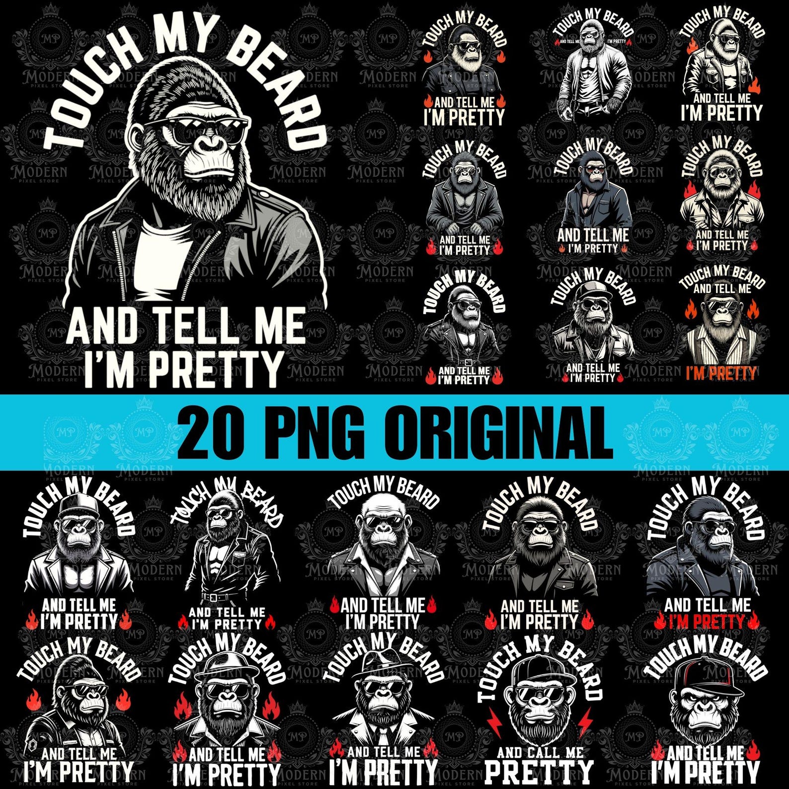20 Touch My Beard PNG | And Tell Me I m Pretty | Funny Beard Lover T-Shirt Design | Bearded Gorilla Clipart | Digital Download for Shirts M