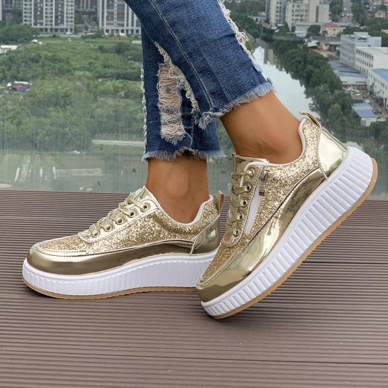 Large size sequined platform casual sneakers for women's spring and autumn new lace-up bright leather single shoes for women