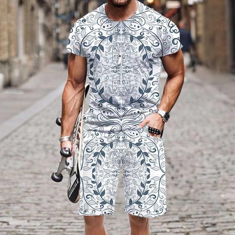 New Men's Tracksuits Vintage Pattern 3D Print Men's Round Neck T-shirt Set Casual Shorts 2 Piece Summer Street Man Clothing