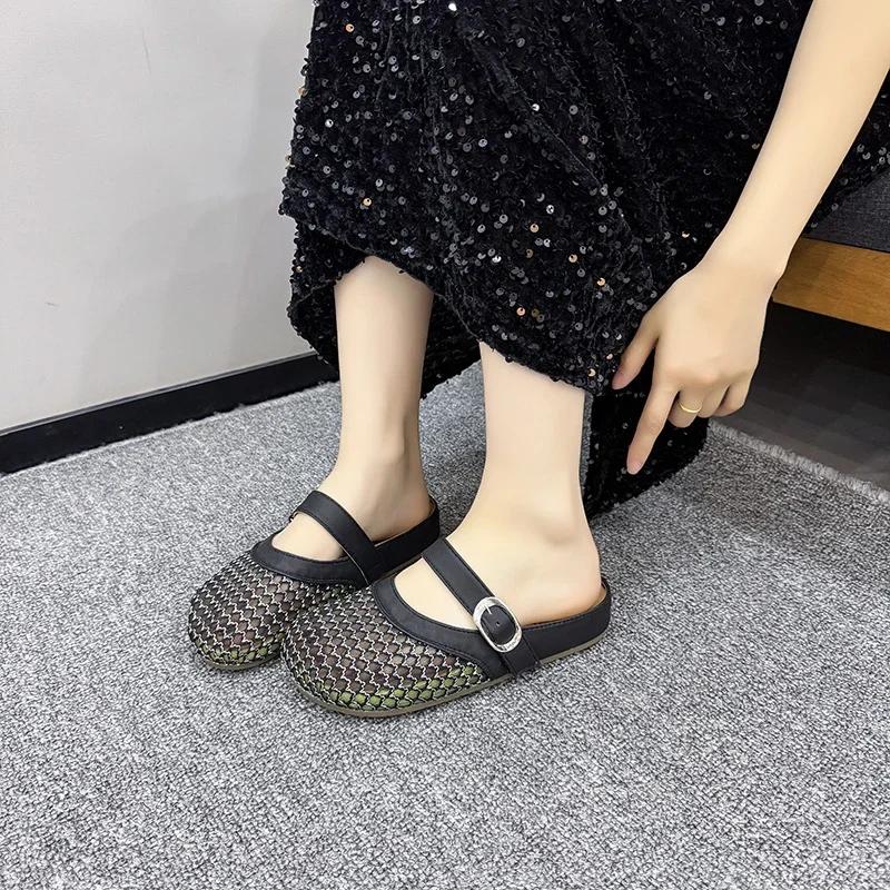 Fashion Ladies Shoes New Summer Closed Toe Women's Slippers Fashion Belt Buckle Mesh Light Comfortable Sandals Concise Rome Flat Slipper