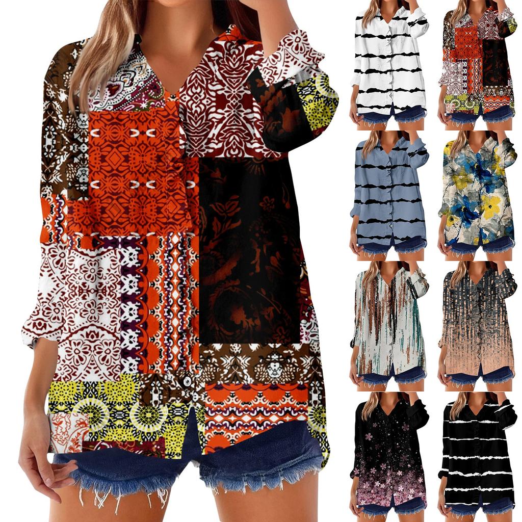 Dame Løs Volangert Blomstert Trykk Ståkrage Langermet Bomull og Lin Topp