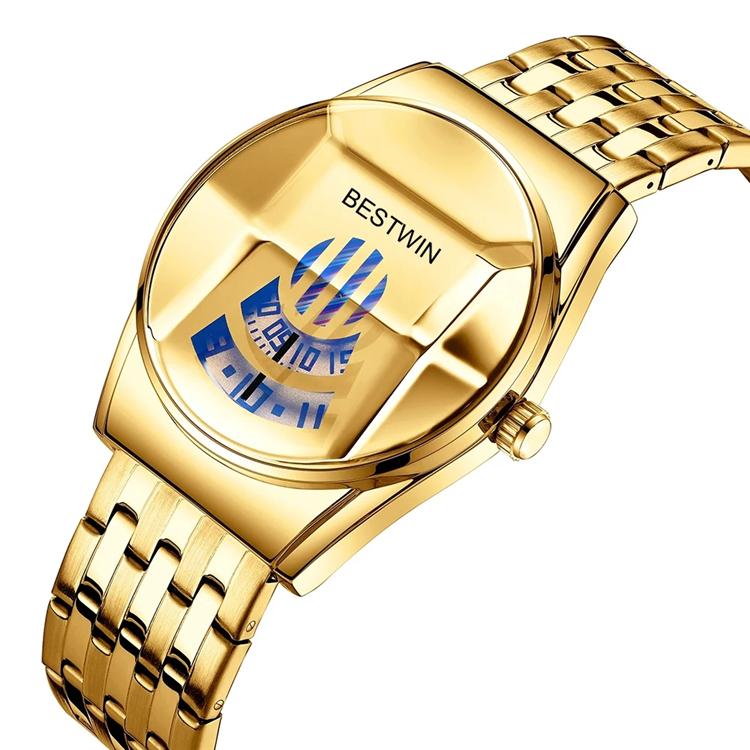 2021 Bestwin Sport Chronograph Wristwatch for Men Casual Gold Quartz Watch with Leather Band Cartoon Style