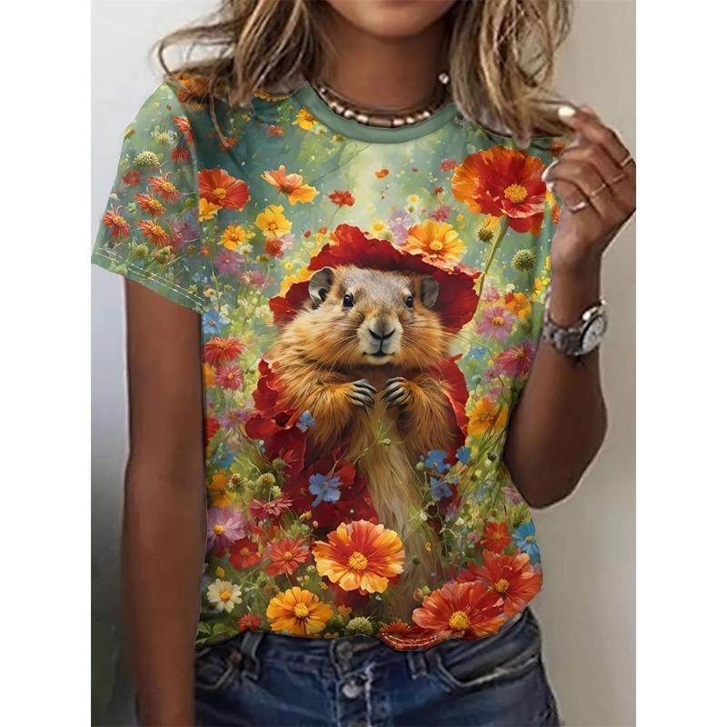 Summer Fashion Women's T-Shirt Funny Animal Print Print 3D Printed Short Sleeve Tops Girl Loose Casual Loose Oversize Outdoor Clothing