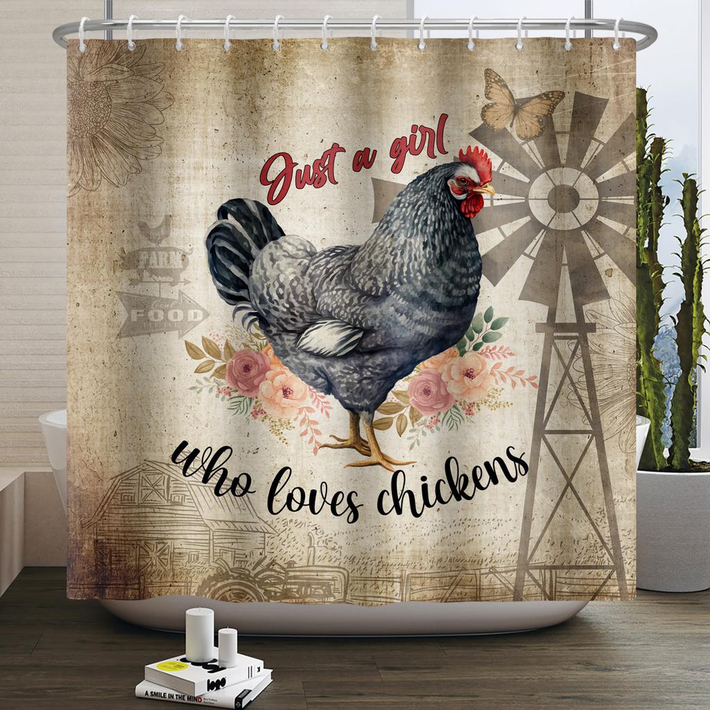 Bauernhoftiere Duschvorhang Niedlich Lustig Kuh Huhn Schwein Blume Pferd Holz Bauernhaus Scheune Rustikal Duschvorhang für Badezimmerdeko