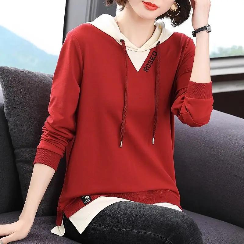 Female Fashion Casual Solid Color Spliced Hooded T-shirt Autumn Commute Simplicity Fake Two Pieces Tops Women's Clothing A794