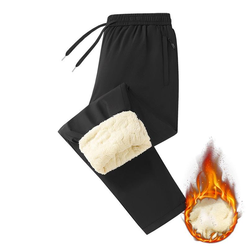 Winter Men's Drawstring Pocket Fleece-Lined Cuffed Casual Pants Comfortable Plush-lined Outdoor Trousers Male Thermal Pants