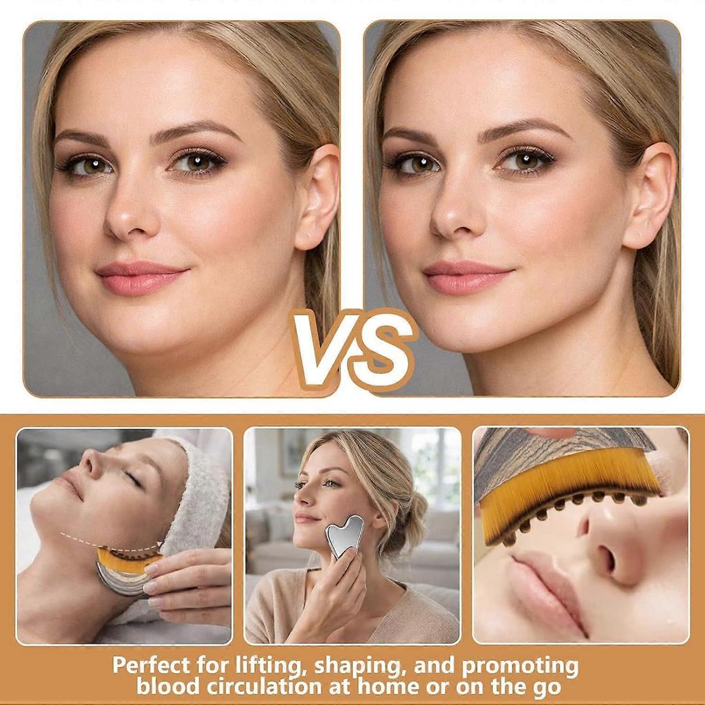 2 Stück Lymphatischer Kontur-Gesichtspinsel, Gesicht für Lymphdrainage, Drainagebürste mit 1 Stück Edelstahl Gua Sha Werkzeug zur Kieferkonturierung Schwellung L