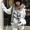 2KWEIRD Faux Coats Women Graphic Jacket with Hooded Fleece Fur Hoodie Edgy American Retro Street Style and Y2K Fashion Top