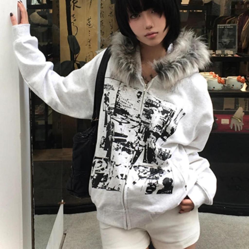 2KWEIRD Faux Coats Women Graphic Jacket with Hooded Fleece Fur Hoodie Edgy American Retro Street Style and Y2K Fashion Top