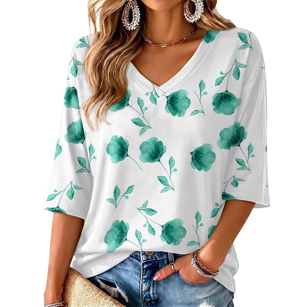 Women's V-Neck Retro Floral Print Lightweight Blouse for Spring and Summer