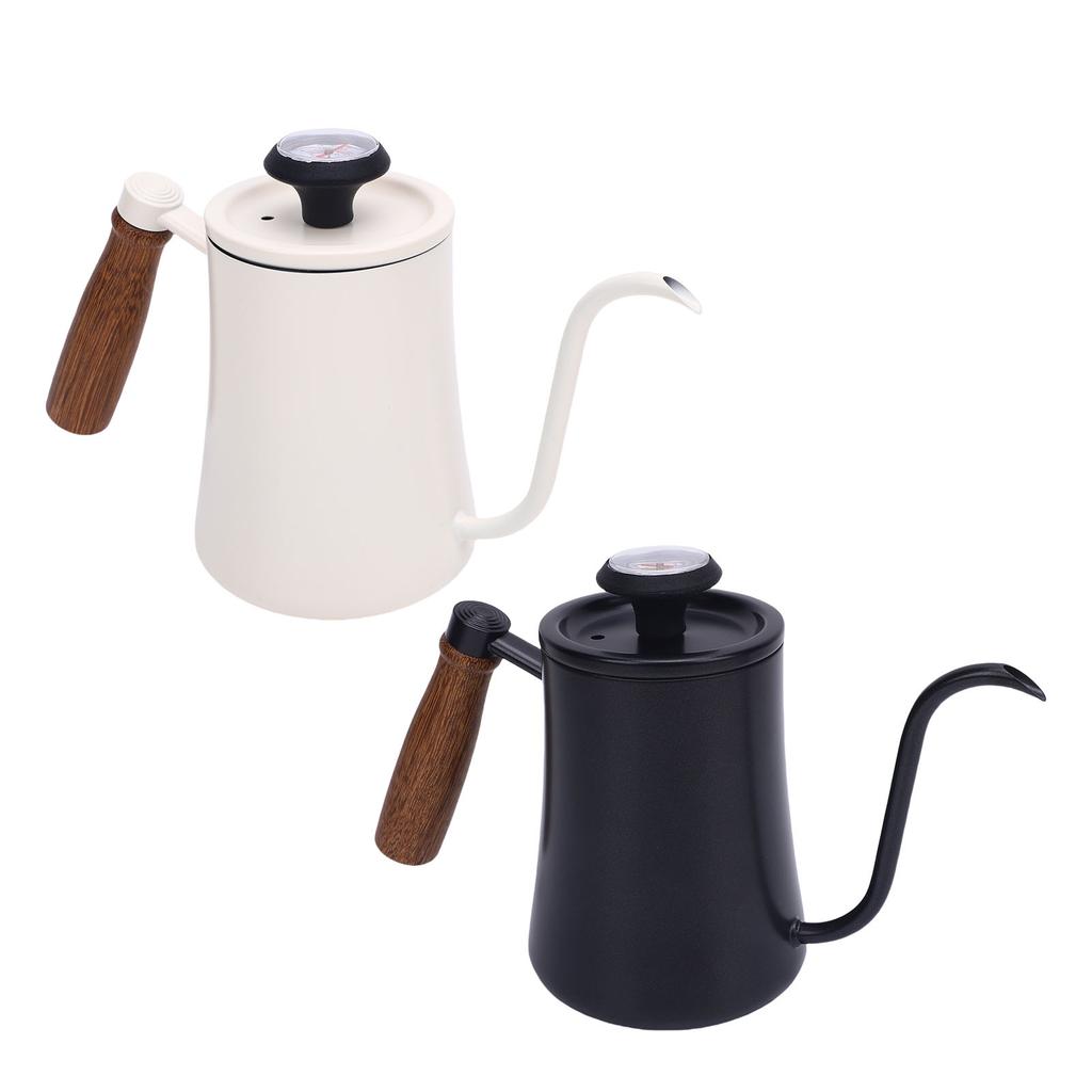 600ML Coffee Brewing Pot 304 Stainless Steel Water Pot with Temperature Meter Wood Handle Long Spout