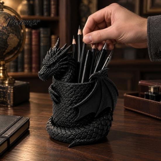 Decorative Pen Pot 3D Printed Gothic Dragon Holder, Coiled Figurine Stationery Cup, Cool Office Supplies Fantasy Desk Organizer, Halloween Tabletop