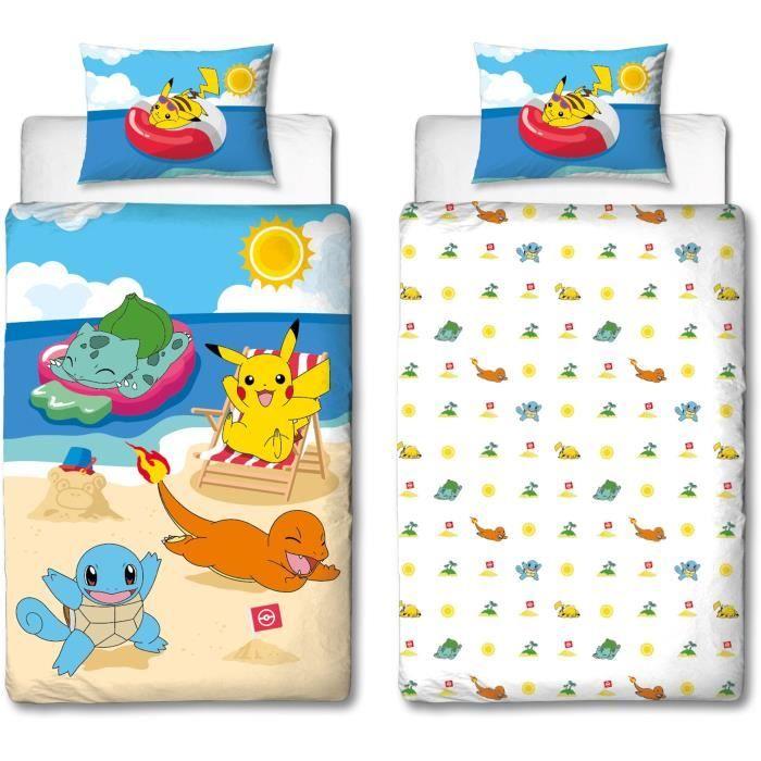 Parure De Lit - POKEMON - Pikachu Et Ses Amis À La Plage - Microfibre - 1 Housse De Couette 140 X 200 Cm + 1 Taie 63 X 63 Cm