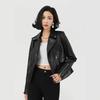 Womens Short PU Leather Biker Jacket Slim Fit Notched Collar Office Chic Outerwear