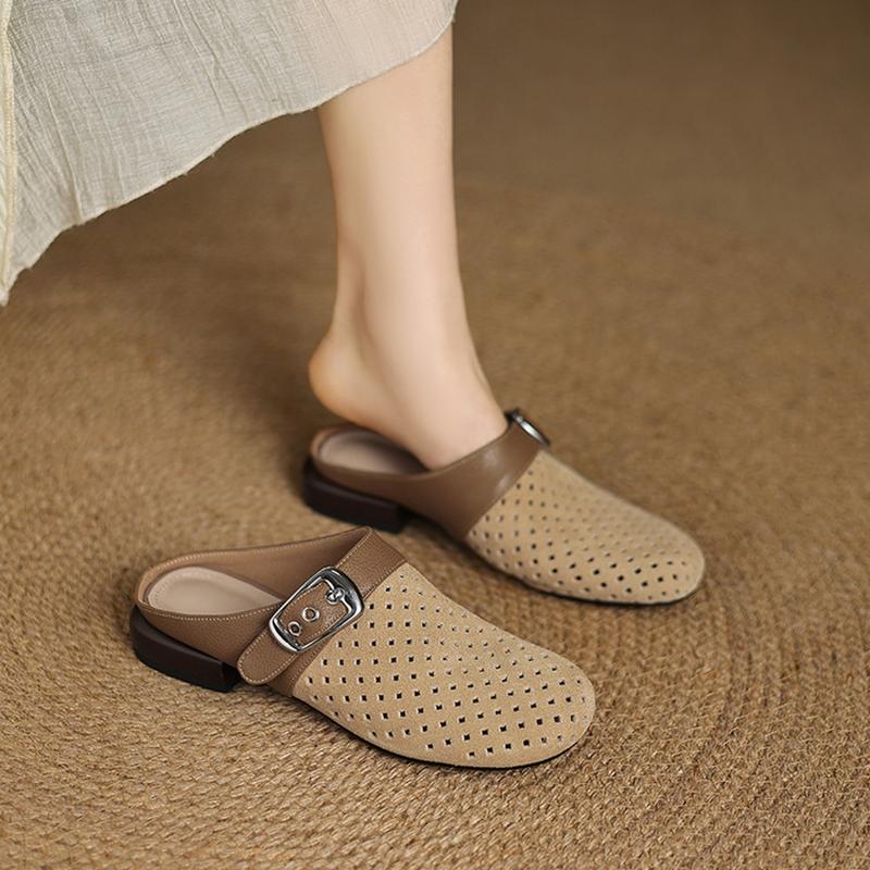 Mode NYA Sommar Dammules Ko Mocka Läderskor för Kvinnor Koncisa Täckta Tå Slingback Skor Rund Tå Låg Klack Moderna Sandaler