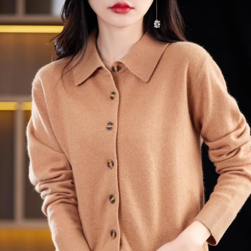 New Andy Fleece Knitted Cardigan Women's PO Shirt Collar Solid Color Sweater Jacket Top