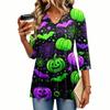 Women's Casual V-Neck Three-Quarter Sleeve Blouse with Halloween Print for Fall Parties