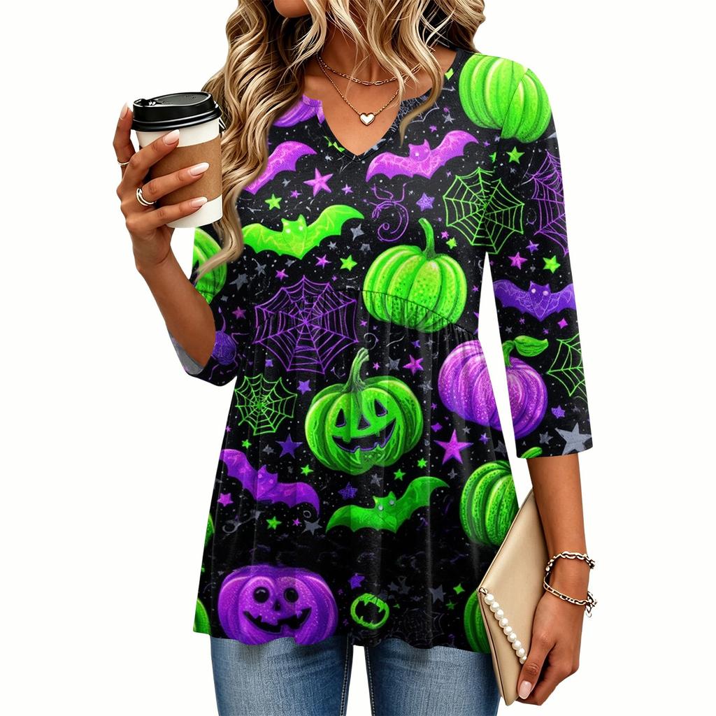 Women's Casual V-Neck Three-Quarter Sleeve Blouse with Halloween Print for Fall Parties