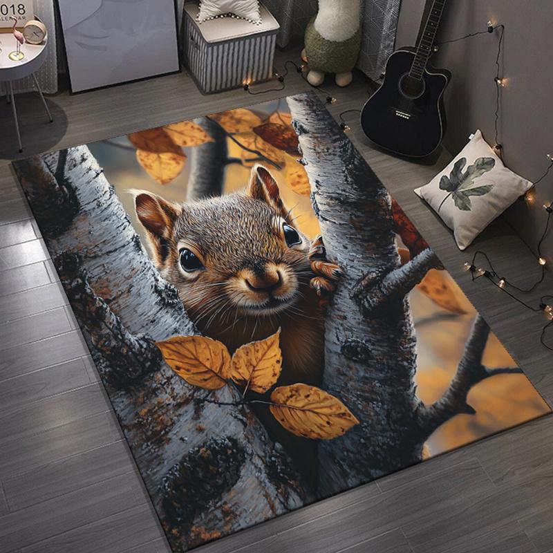 Cute Squirrel Rug for Nature Lovers Forest Animal Themed Carpets, Cozy Living Room Decor Anti slip carpet can be machine washed