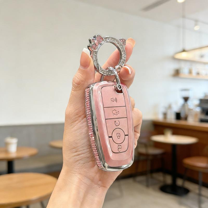[ Side Diamonds ] 4 Buttons TPU Car Key Case Cover Shell Fob for Ford Fusion Edge Escape Explorer Taurus Expedition Ranger F-150