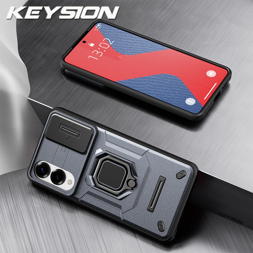 KEYSION Shockproof Case for Samsung S25 Edge 5G Slide Camera Lens Protection Ring Stand Phone Back Cover for Galaxy S25 Edge 5G