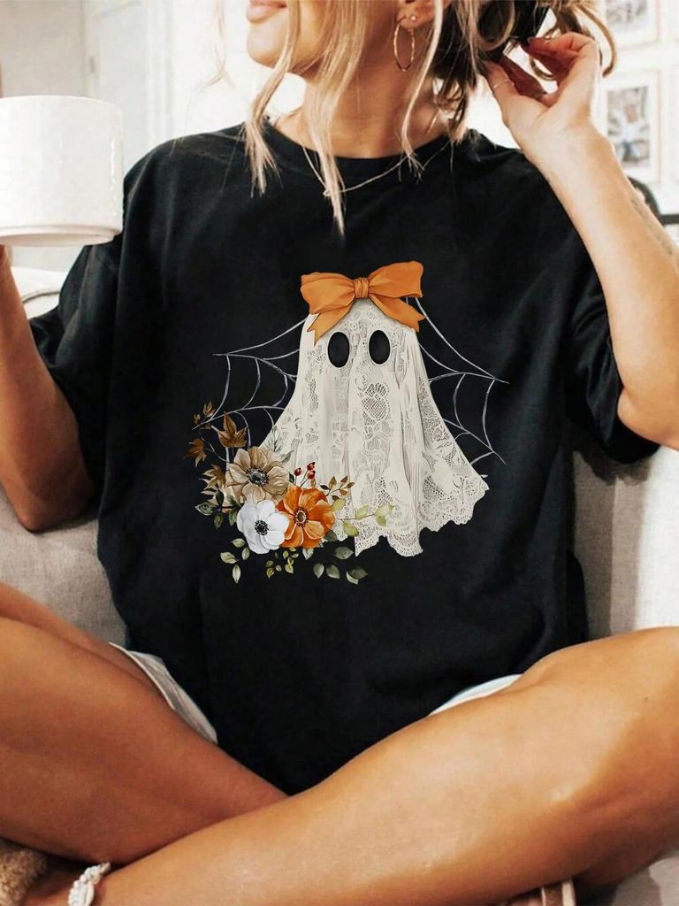 Cute Ghost with Orange Bow Floral T-shirt