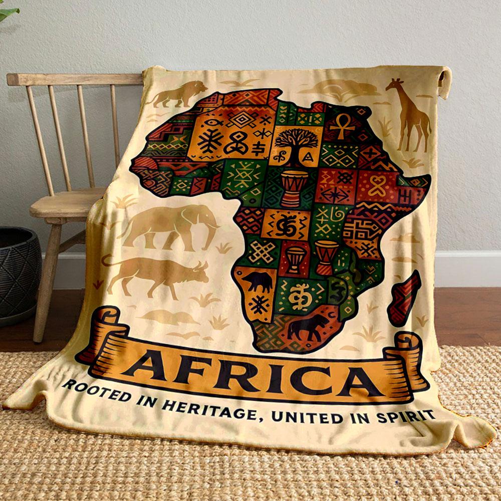 African Map Filled with Traditional Symbols, Patterns, and Cultural Motifs. for All Seasons Blanket Lunch Break Throw Gift