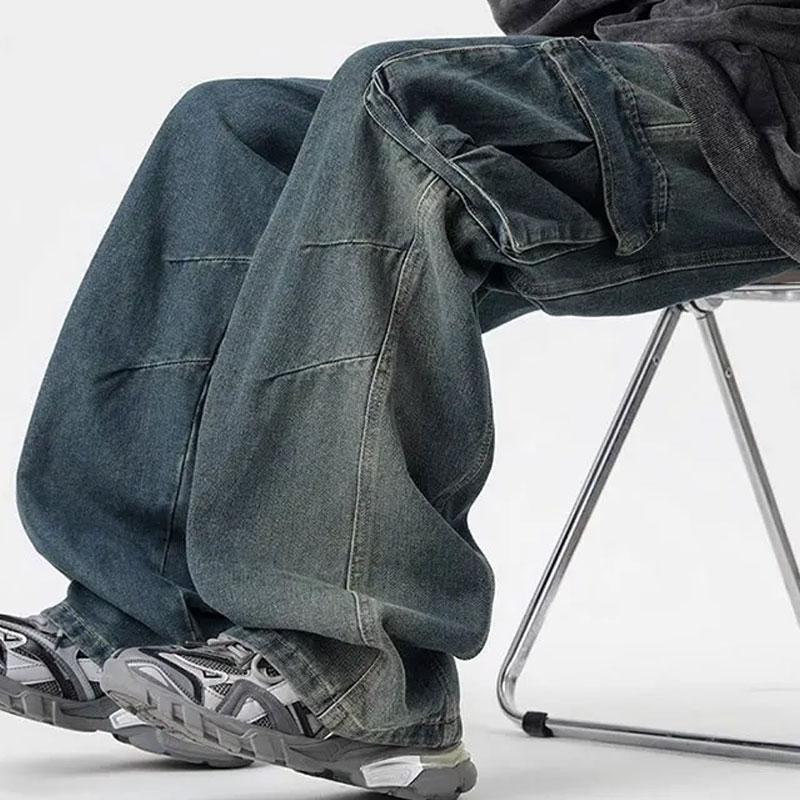 

Fashionable Multi-Pocket Detail Cargo Jeans Men s Clothing Wide Leg Denim Pants Spring Autumn Loose Vintage Distressed Trousers S синій