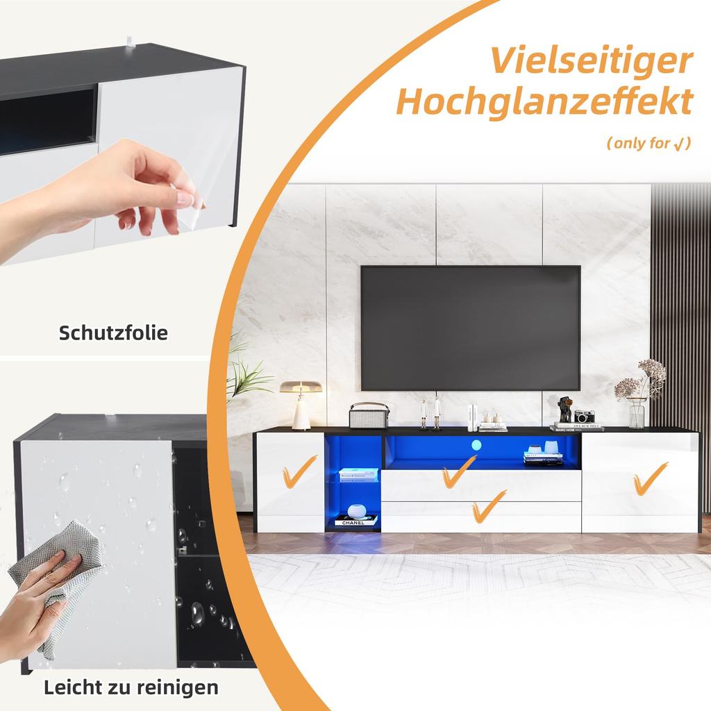 TV-Schrank LED, Hochglanz 2 Türen 2 Schubladen, TV-ständer Fernseher bis zu 75 Zoll, TV Lowboard Wohnzimmer, Esszimmer, 180cm, Schwarz & Weiß