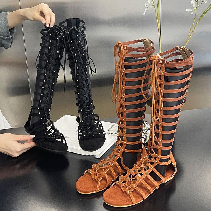 Fashion Female Round Toe Ladies Flats Knee High Boots Shoes Fashion Cross-tied Footwear Women Long Gladiator Sandals Boots New 2025