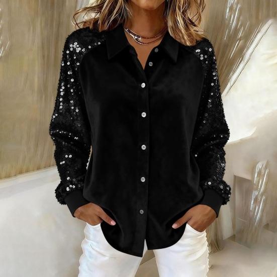 Yousheng Women Shirt Button-Down Lapel Long Sleeve Shirt Tops Solid Color Loose Fit Shiny Sequins Sleeve Velvet Shirt Cocktail Party Wear