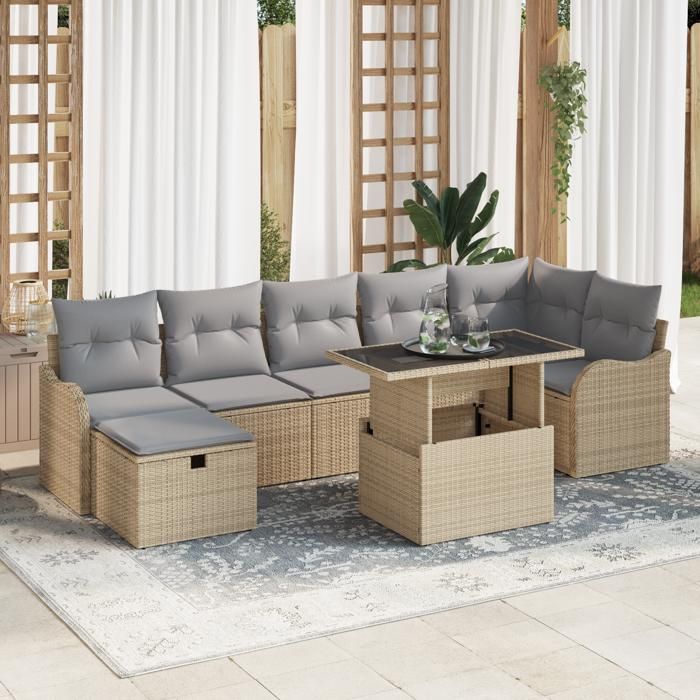 Ensemble de Canapés de Jardin 8 Pièces avec Coussins Beige Poly Rattan, Canapé de Jardin 2 Places avec Coussins Beige Poly 3359727