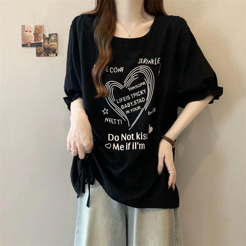 

Plus Size Drawstring Short Sleeve Women s T-shirt - Summer Slimming Print Top M (80-100 lbs) чёрный