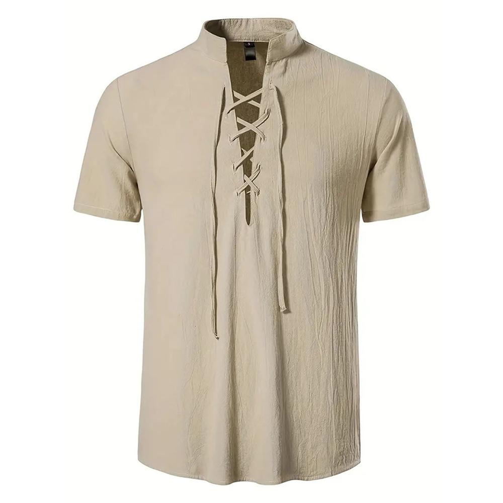 Erkek Retro Gömlek Kısa Kollu Pamuk Keten Hafif Nefes Alabilen Düz Renk Moda Üstler Korsan V Yaka Erkek Şık Gömlekler