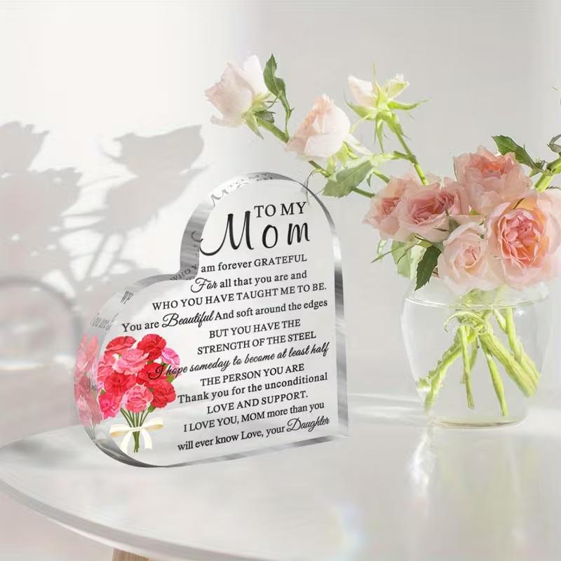Mom Acrylic Heart Sign Mother'S Day Plaque Ornament Grateful Gift Desk/Table Decor For Mom Holiday Mother Birthday