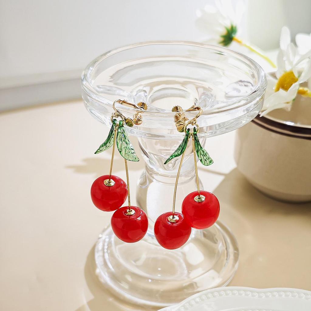 Japanese & Korean Cherry Ear Clips: Cute, Versatile, No-Piercing Earrings for Women.