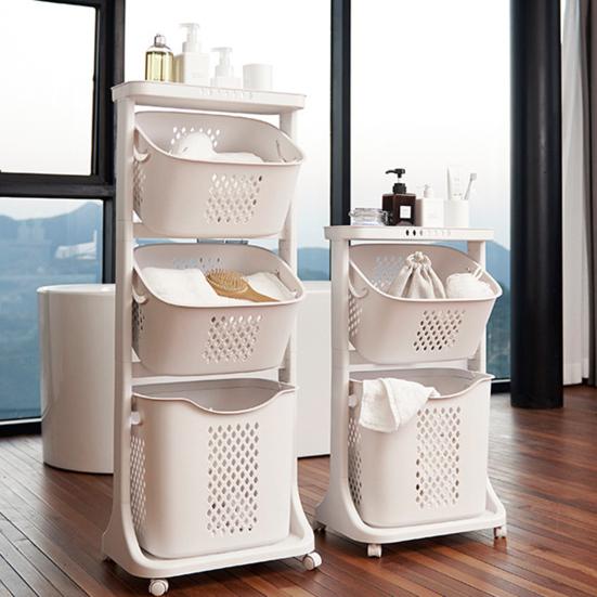 Multi-Tier Rolling Laundry Hamper Dirty Clothes Basket Cart with Removable Basket Top Shelf Wheeled Laundry Storage Cart for Bedroom Laundry Room