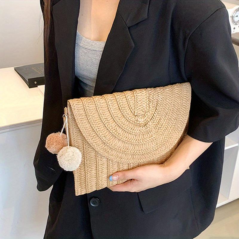 Summer Beach Handmade Straw Woven Clutch Elegant Women'S Casual Crossbody Bag With Detachable Shoulder Strap Scalloped Flap Closure