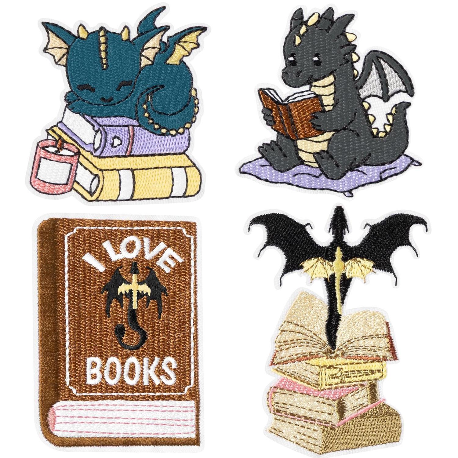 Reading Dinosaur Embroidery Cloth Sticker Book Theme Computer Embroidery Label Clothes Bag Decoration Love Book Dragon Patch Sticker A set of 4