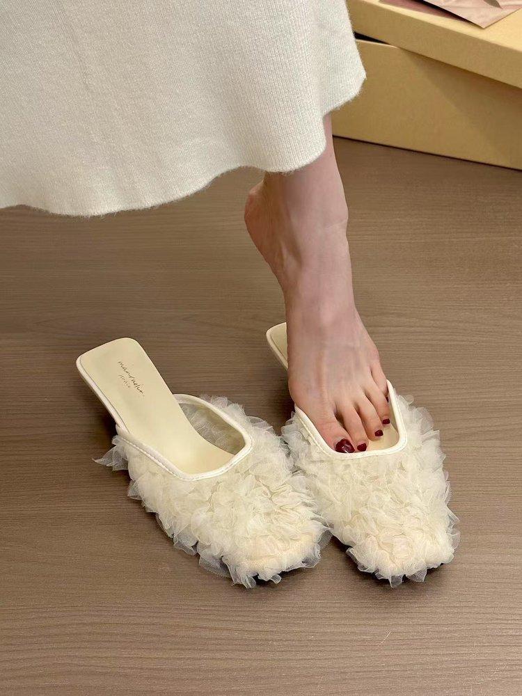 Purple mist aesthetics! Temperament square head mesh yarn half drag half slippers women's spring 2025 spring new outer wear cat heel sandals