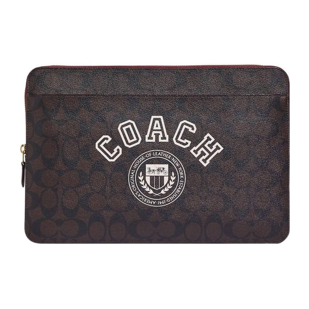 Coach Brown Signature Canvas Laptop Sleeve with Varsity Logo Print & Gold Hardware for Daily Work & Travel Use