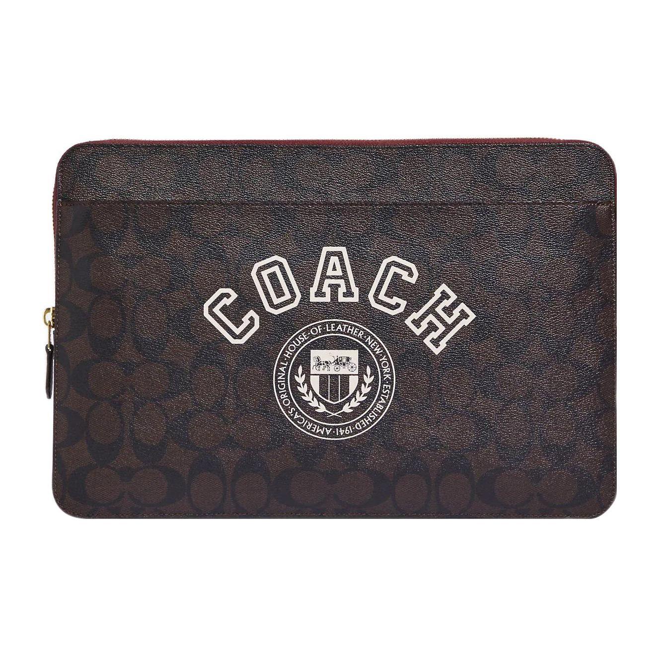 

Coach Brown Signature Canvas Laptop Sleeve with Varsity Logo Print & Gold Hardware for Daily Work & Travel Use Basic Set (Bag+Dust Bag)