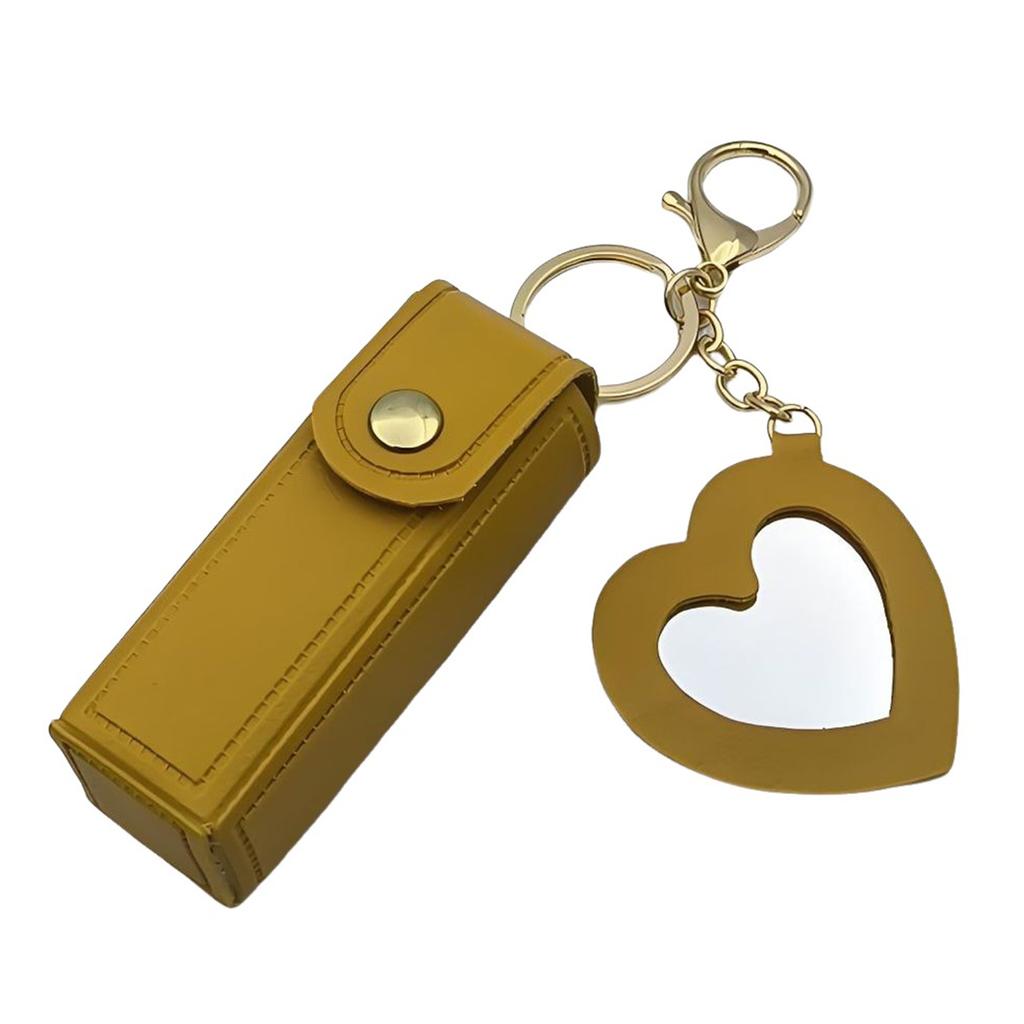 Portable PU Leather Lipstick Holder Keychain With Heart-Shaped Mirror For Women Girls Handbag Charms Accessory Creative Gift