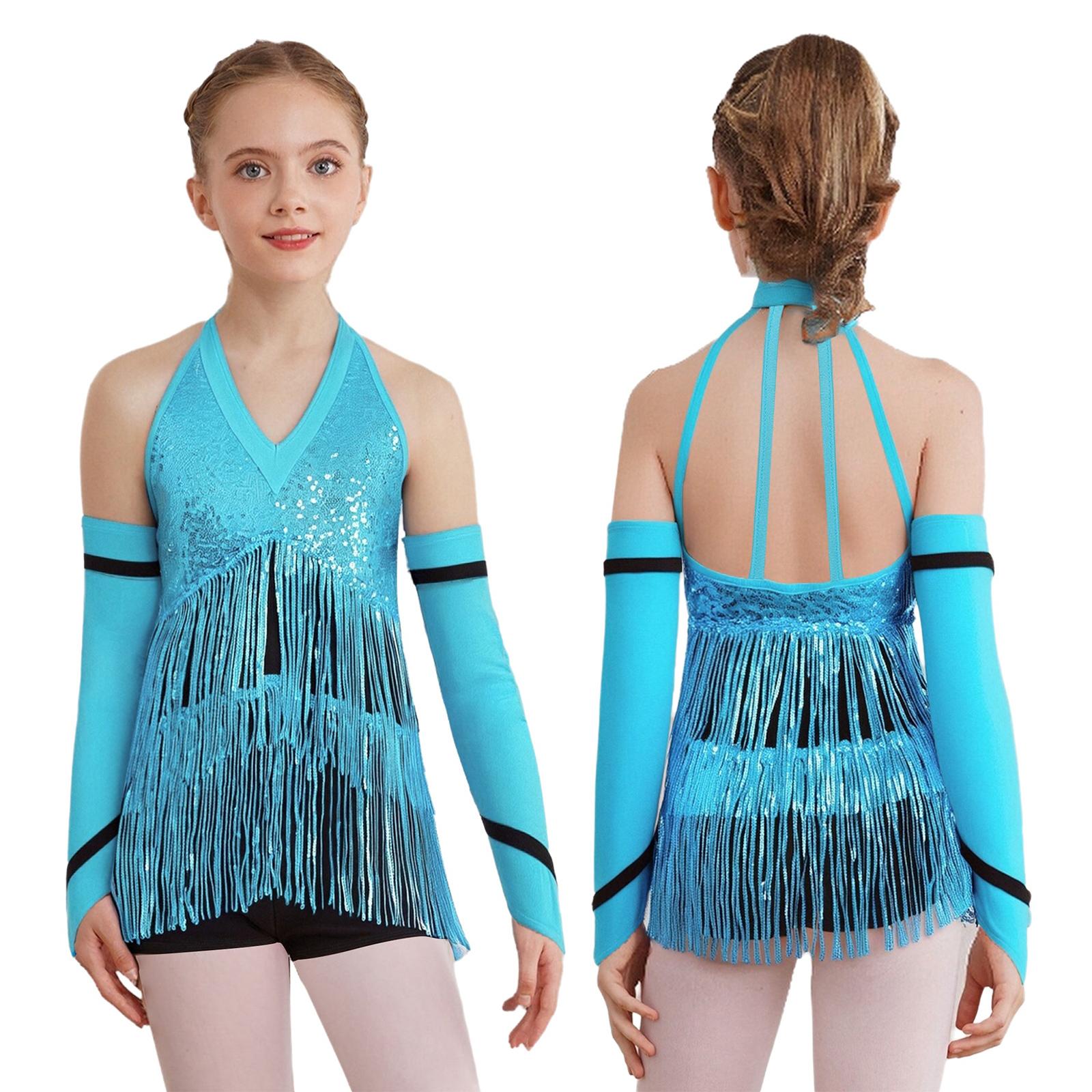 

Полный комплект для латиноамериканского джазового выступления для девочек: Гимнастический купальник без рукавов с пайетками, с лямкой на шее и открытой спиной, с соответствующими перчатками 5-6 Years