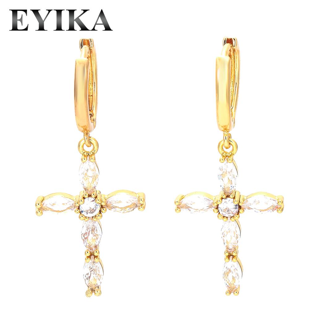 Women Fashion Religious Jewelry Gold Plated Cubic Zirconia Cross Drop Earrings White Color Polished Circle Hoops Earring золотой