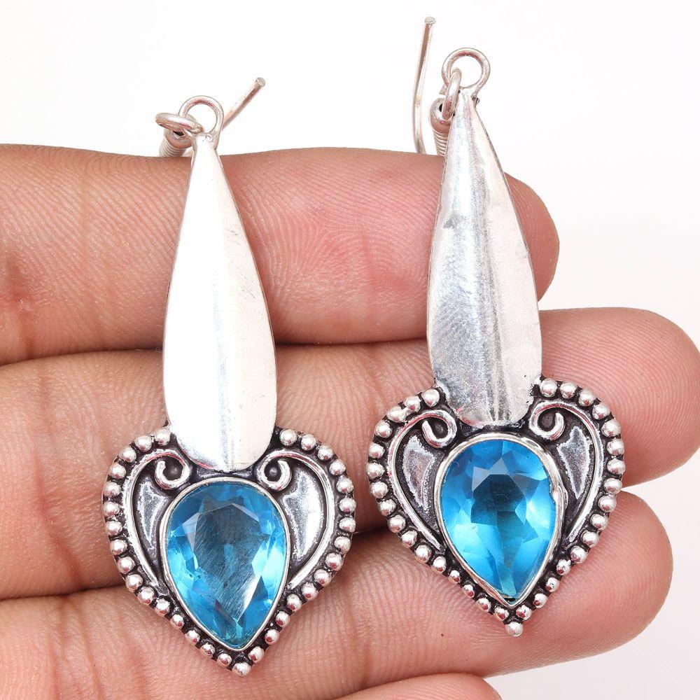 Swiss Blue Quartz Gemstone Handmade Silver Jewelry Earrings 1.5''