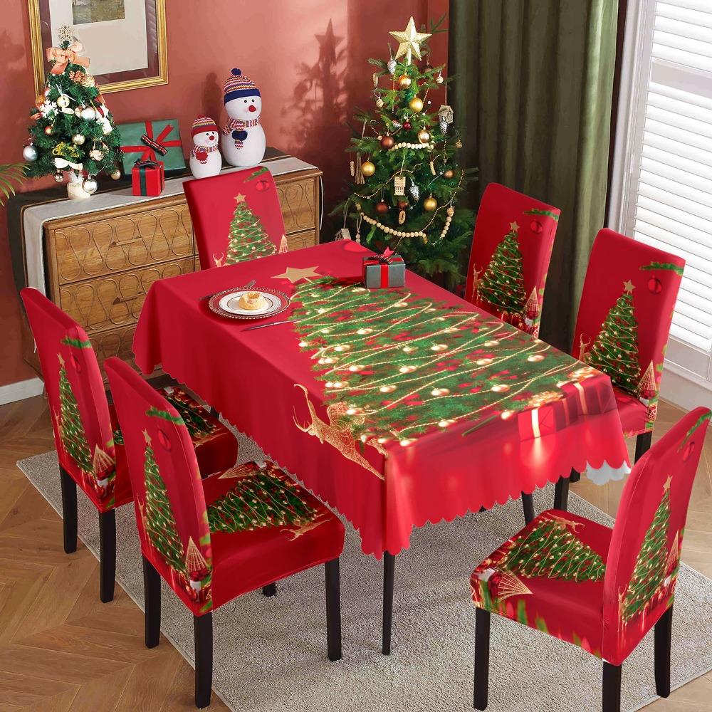 Festive Christmas Tablecloth and Chair Covers Set Waterproof Oil Resistant Holiday Dining Decor for Home