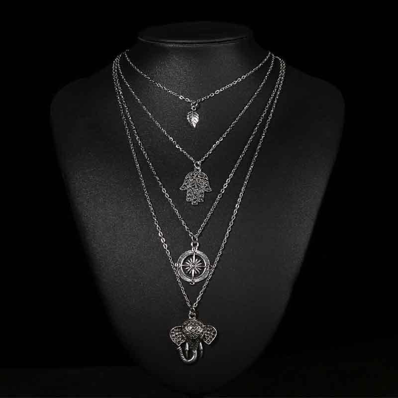 Fashion Boho Punk Retro Alloy Palm Sun Multilayer Necklace Leaf Elephant Pendant