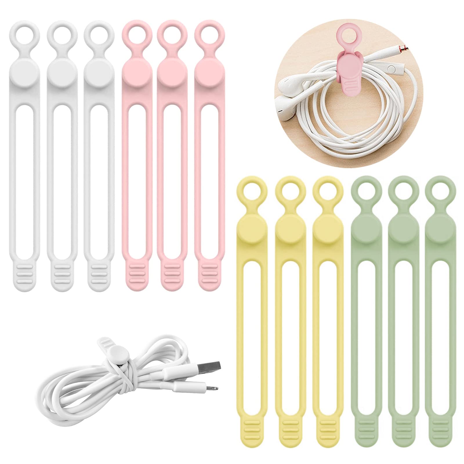 

Lasocy Silicone Cable Ties, Cable Clips, Soft Touch Cord Organizer for Earphones and Cables, Reusable for Office or Home Use, 12-Pack (3 of Each